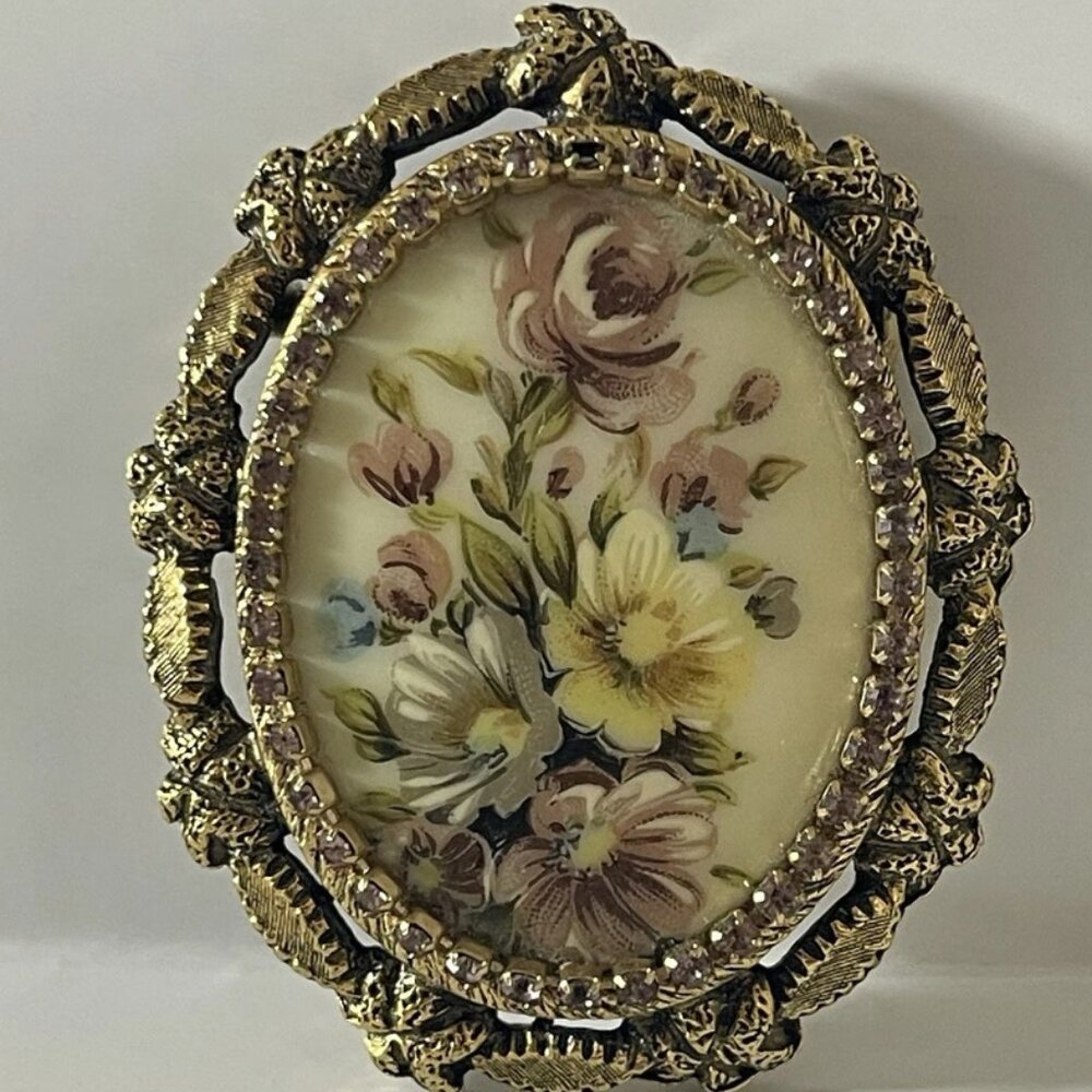 Vintage Painted Porcelain Brooch pendant Flowers Ornate  gold Frame..